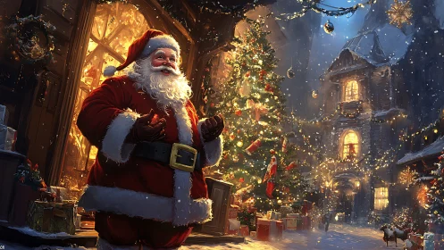 Santa Claus in snowy village with glowing Christmas tree.