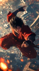 Aerial martial artist in combustion-lit urban freefall motion.