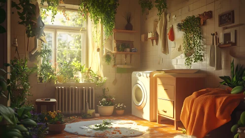 Sunlit utility room contains plants, washer and storage units