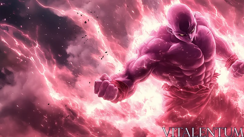 Muscular anime fighter channels explosive pink energy in storm