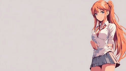 Confident anime schoolgirl stands against soft pastel space