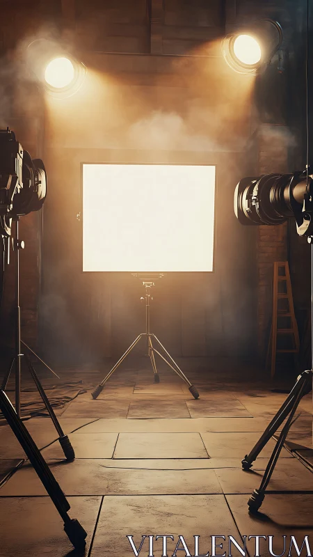 Studio light setup isolates central softbox with cinematic haze