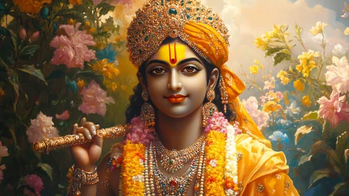 Divine flute player framed by florals in warm tonal harmony.