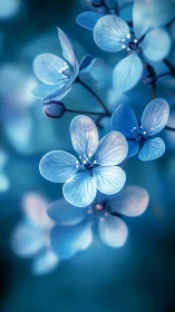 Blue delicate flowers with translucent petals and soft focus background