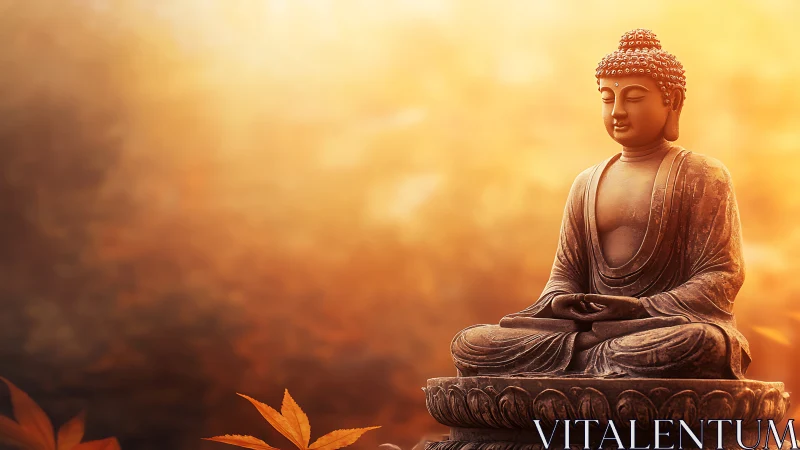 Buddha statue in meditation with warm golden background.