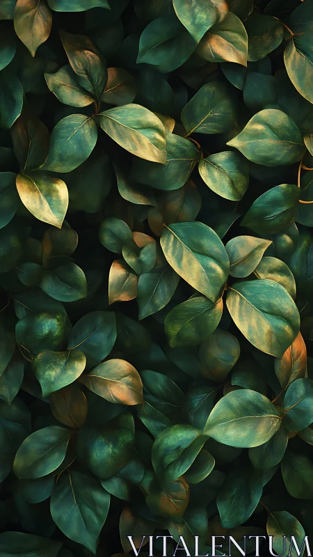 Dense green foliage background with golden leaf accents.