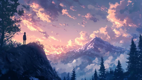 Silhouetted figure observes glowing sunset over snowy peak