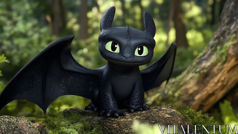 Tiny forest dragon waits wide-eyed on a mossy throne