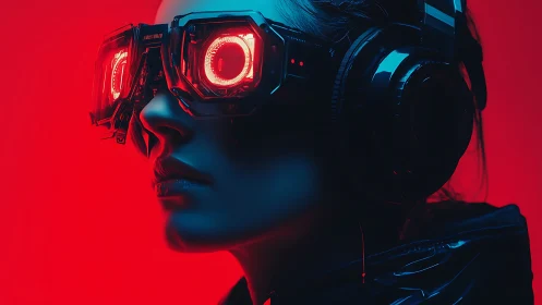 Neon-lit cyber explorer gazing into a glowing virtual horizon.