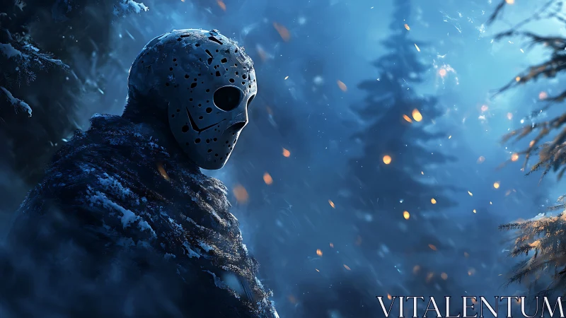 Midnight mask lingers in emberlit snowstormed forest silence