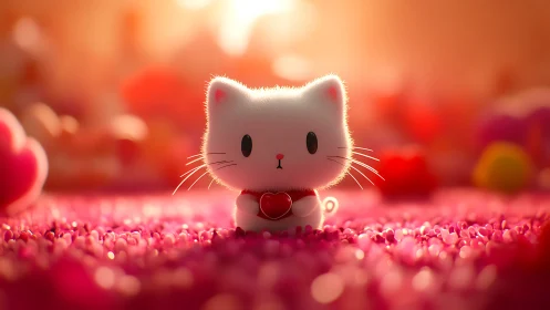 Luminous White Kitten in Radiant Pink Floral Field.
