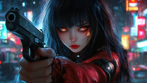 Midnight blaze in neon city streets, defiant gaze held steady.