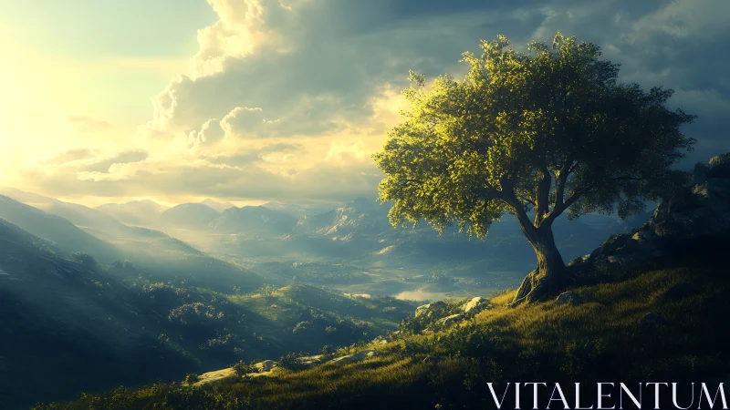 Sunlit hillside tree watching over a peaceful valley view.