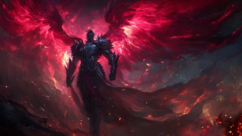 Blazing winged warrior strides through swirling crimson fire