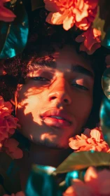 Close-up portrait amid orange florals with dappled sunlight