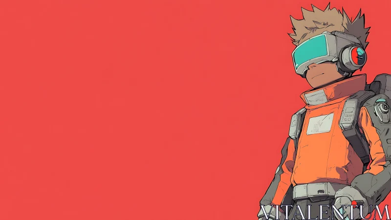 Youthful space pilot in orange pressure suit with teal visor stands