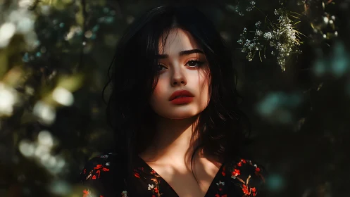 Soft sunlight on a quiet girl in a daydreaming garden.