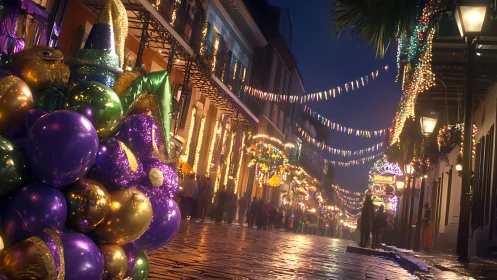 Color-rich Mardi Gras street scene glows with festive bokeh lighting
