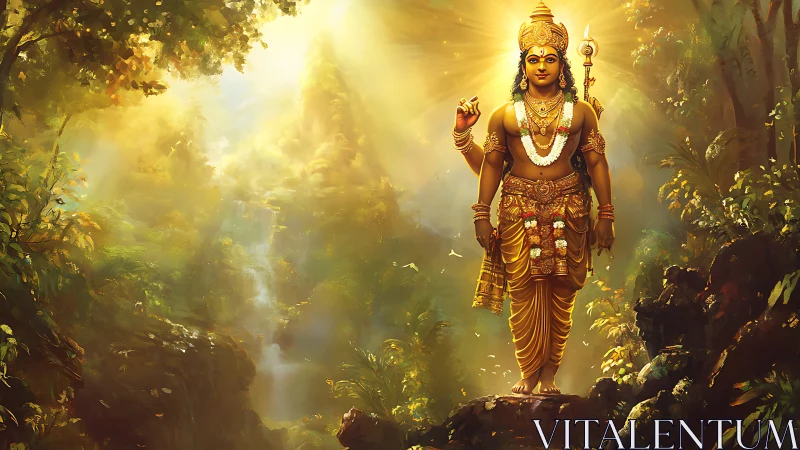 Sunlit forest deity strides through cascading golden radiance.