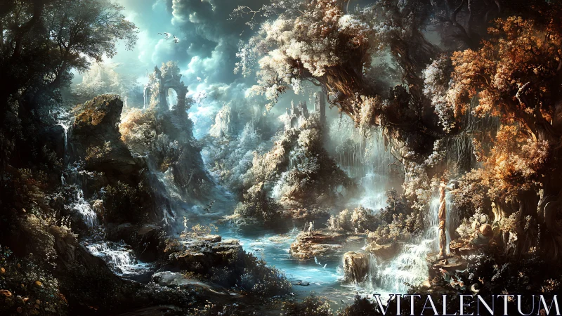 Whispering waterfalls in a sky-lit enchanted forest valley.