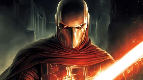 Armored sci-fi warrior with molten cape and plasma blade.