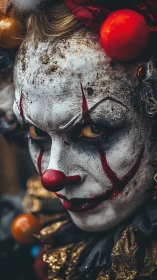 Sinister close-up portrait of sinister carnival clown.