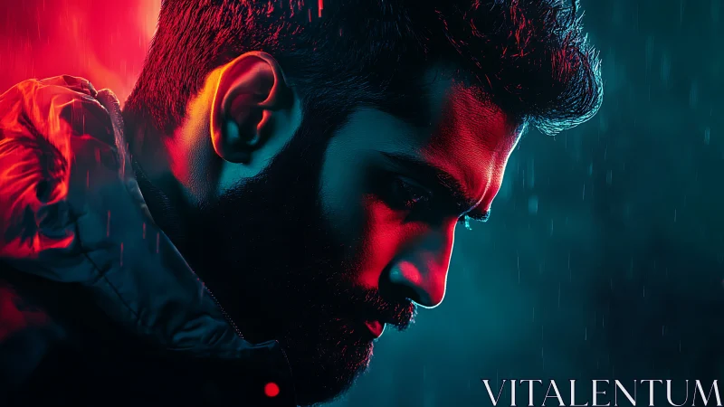 Cinematic male profile in rain with split neon lighting.