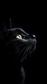Black Cat Profile Against Dark Background with Luminous Eyes