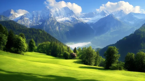 Sunlit alpine meadow overlooks snowy mountain peaks in silence.