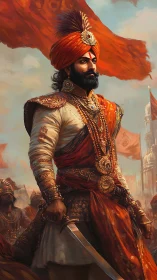 Warrior leader in ornate orange attire stands before flags