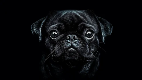 Midnight pug portrait glows with soulful, shining eyes