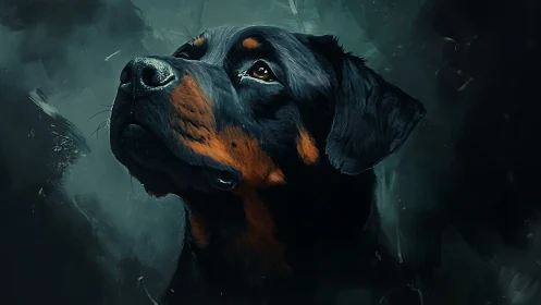Rottweiler portrait with focused gaze on dark background.
