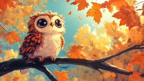 Cute cartoon owl on autumn tree branch with vibrant orange leaves.