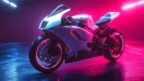Futuristic white sport motorcycle in neon pink studio light.