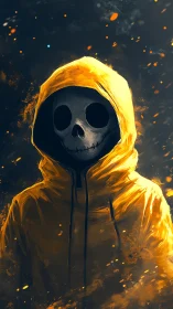 Hooded skeletal figure in yellow parka amid ember particulate field.