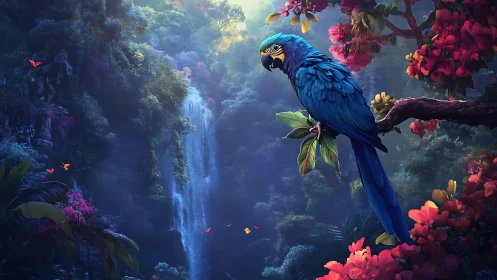 Vibrant blue macaw overlooking luminous jungle waterfall.