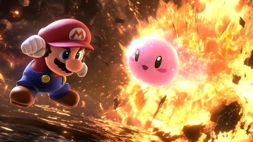 Mario and Kirby in dynamic fiery action scene.