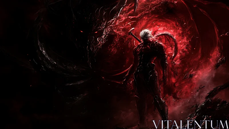 Armored white‑haired warrior confronts demonic vortex in red chaos