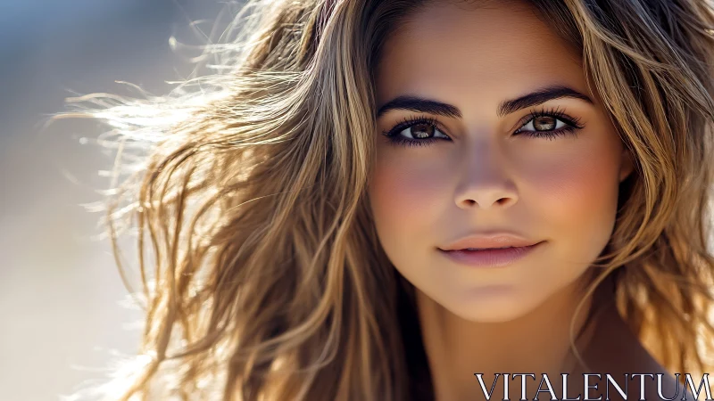 Close portrait of young woman with loose sunlit hair.