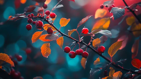 Crimson berries quietly orbit through teal and ember twilight