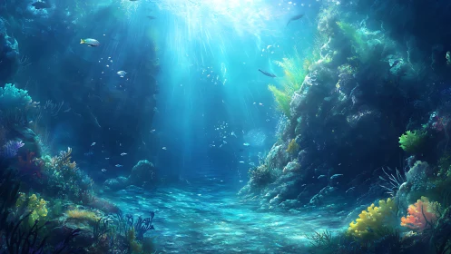 Sunlit coral canyon where quiet fish rehearse their shimmer.