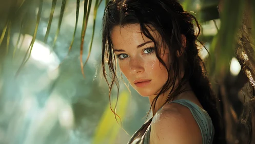 Portrait shows a wet-haired woman in dappled tropical light