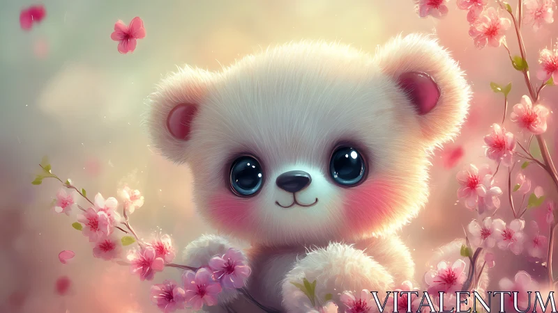 Blossom-bright teddy gazes wide-eyed through pastel petals