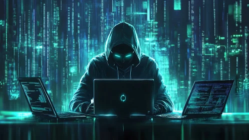 Glowing hooded hacker studies code in a neon digital storm