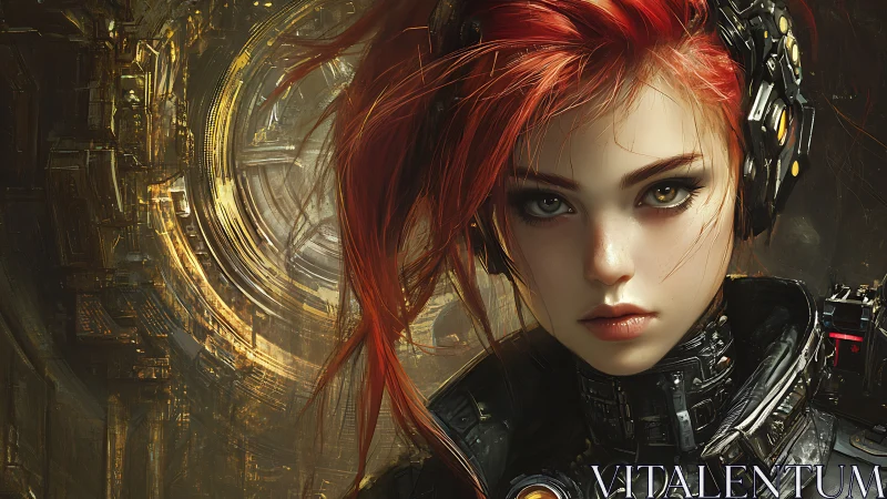 Cyborg woman with fiery hair stares through gilded circuitry.
