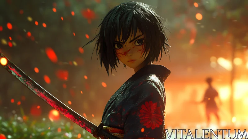 Anime swordsman in bloody kimono against fiery forest glow.