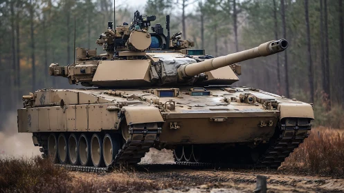 Powerful desert-toned tank rolling through quiet forest trail.