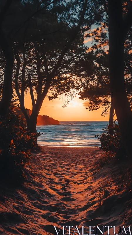 Warm sunset beach path framed by silhouetted coastal pines