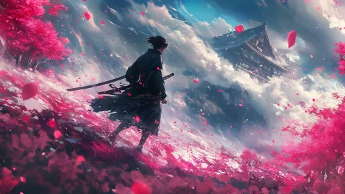 Lone swordsman walks into storm of petals and drifting temple