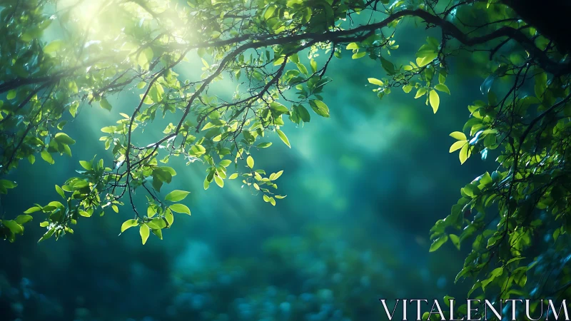 Sunlit forest tree branches with vibrant green leaves in soft focus.